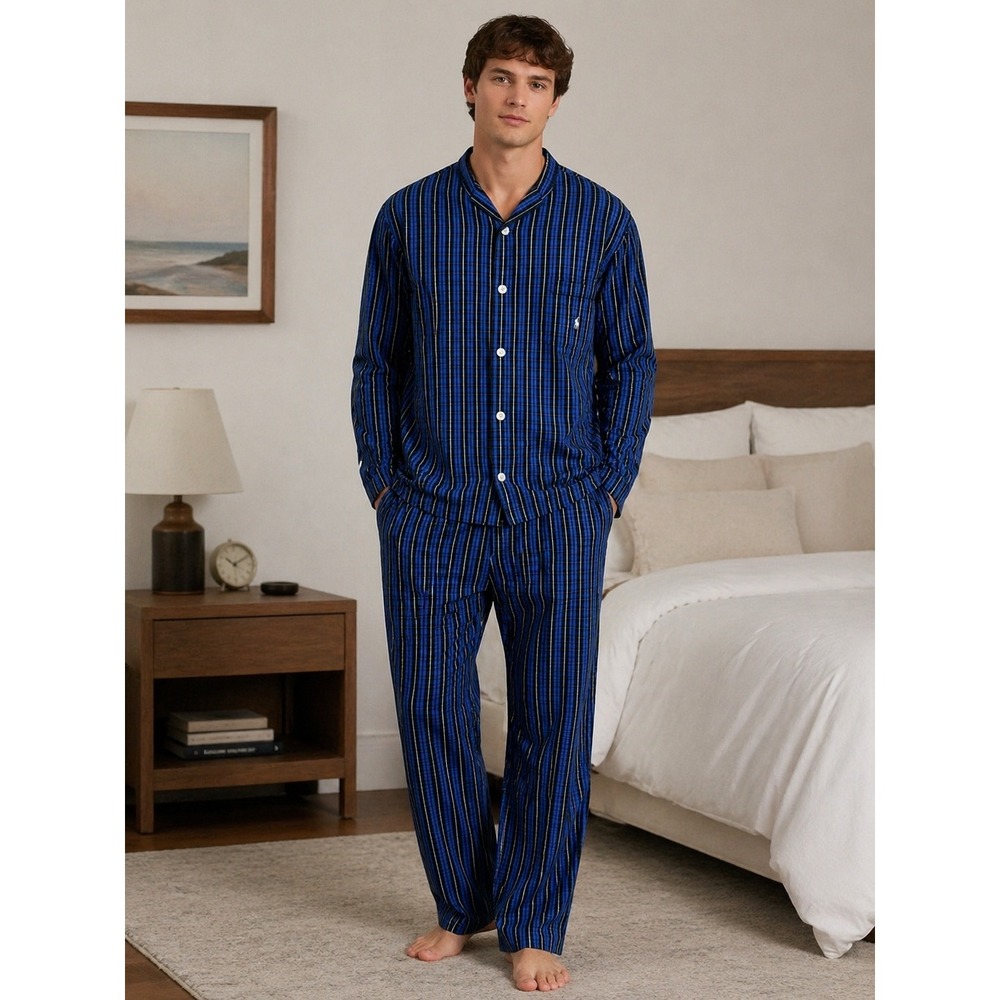 Ralph Lauren Polo Plaid Pyjama Set Mens Size Large Pajamas Blue Pockets Cotton